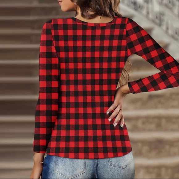 M Red/Black Blouse Silver Thread around Hems Round Neck Long Sleeves - Picture 5 of 12